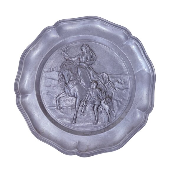 70s German Zinnengel Pewter Plate Embossed Equestrian Medieval Scene Wall Decor - Picture 3 of 5